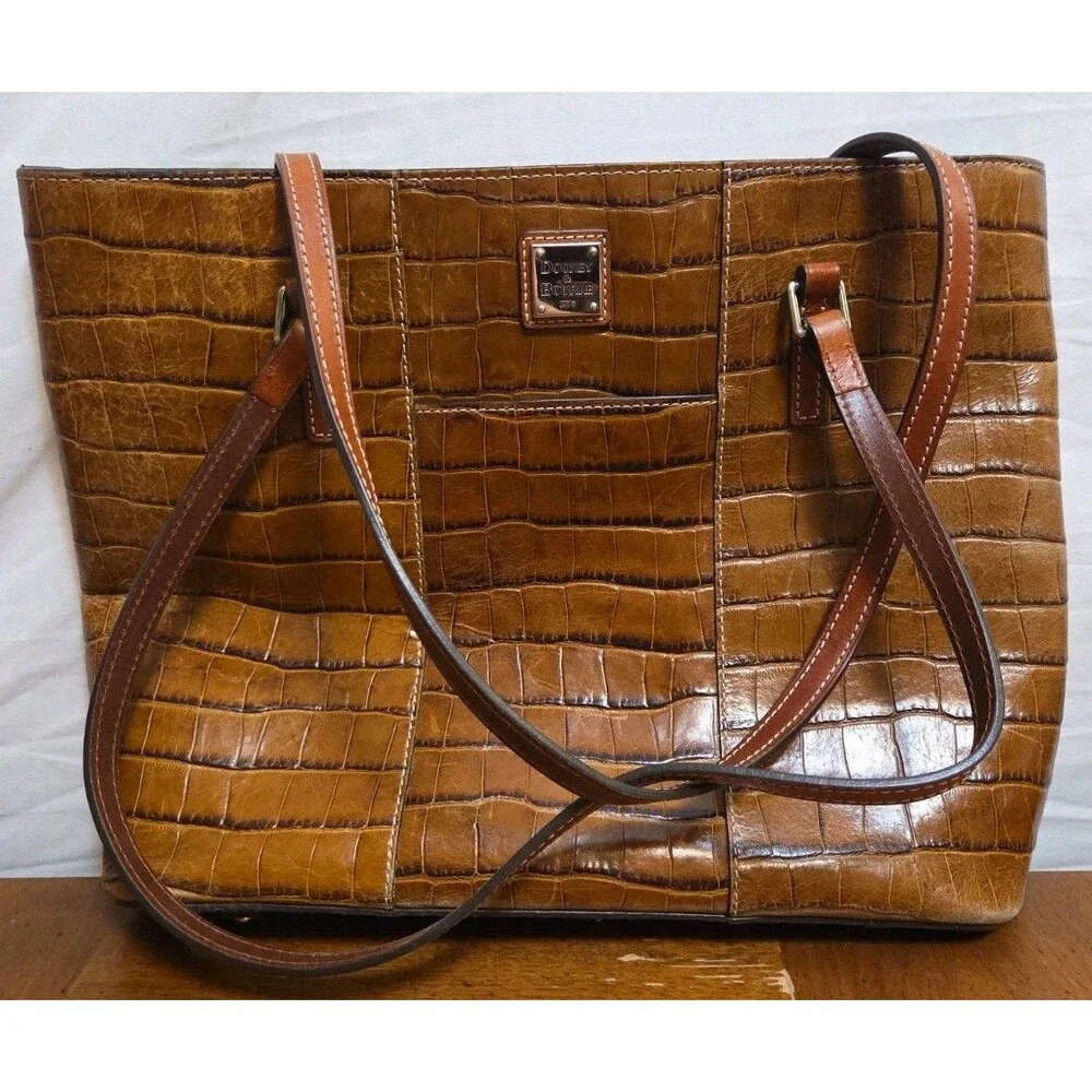 Dooney & Bourke Croc Embossed Leather Tote Large Shoulder Bag Purs Cognac Brown